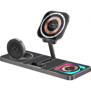 Promate Зарядна станция ProMate, AuraSlate-Trio 3-in-1 Slim Transparent Wireless Charging Station w/ 15W MagSafe Charger, 3W Apple Watch Charger and 5W Wireless Charger w/ RGB lighting
