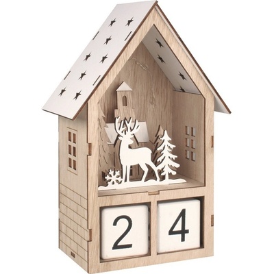 Anděl Přerov Dřevěný adventní kalendář domeček se sobem a s LED 15 x 23 x 8 cm