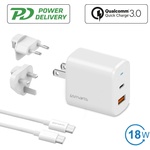 4smarts Travel Charger Set VoltPlug QC/PD 18W With USB-C Data Cable - захранване за ел. мрежа с USB-A и USB-C изходи, USB-C към USB-C кабел и адаптори за USA и UK стандарт (18W) (бял)
