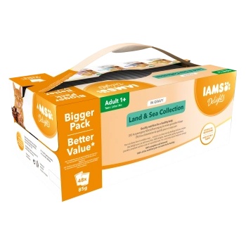 Iams Delights Land & Sea Collection in Gravy - Вкусни паучове за израснали котки с пикантно пиле и пуйка, агнешко и червен пипер, дива риба тон и грах и сьомга на пара и треска, 40 х 85 гр