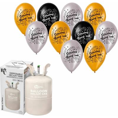 Helium a sada latex. balónků mix Štastný Nový Rok 30 cm Silvestr KINGOFBAL HEL20-P5GSNROK