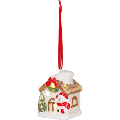 MagicHome Dekorácia Vianoce Domček so snehuliakom LED terakota závesný 5,8x5x7 cm