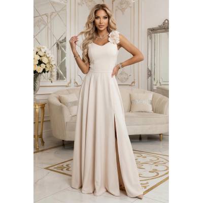 Numoco Елегантни вечерни макси рокли с цепка и рози - бежови numoco | Bezhov | ЖЕНИ | S