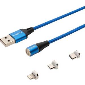 SAVIO 3-в-1 магнитен кабел за данни, Lightning/Type-C/Micro-USB, 2 метра, син (CL-157) (CL-157)