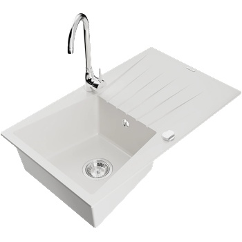 Mexen Cesar гранитна мивка с 1 камера с отцедник и кухненски смесител Telma, бял - 6514-20-670200-00 (6514-20-670200-00)