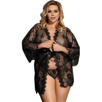Subblime Queen Plus - дамски сатенен халат с дантела - черен (XL-2XL)