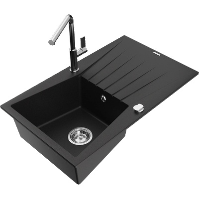 Mexen Cesar еднокамерен гранитен мивка с отцедник и кухненски смесител Flora, черен - 6514-77-670401-00 (6514-77-670401-00)