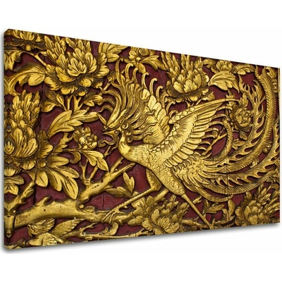 Obraz zlatého vtáka v zlatej a bordovej na plátne – Feng Shui - 30x40 cm