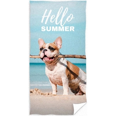 Carbotex plážová osuška s buldočkem motiv Hello Summer 100% bavlna froté s gramáží 300 gr./m² 70 x 140 cm