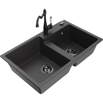 Mexen Tomas мивка от гранит с 2 камери с кухненски смесител Carla, черен на капки - 6516-76-670700-70-B (6516-76-670700-70-B)