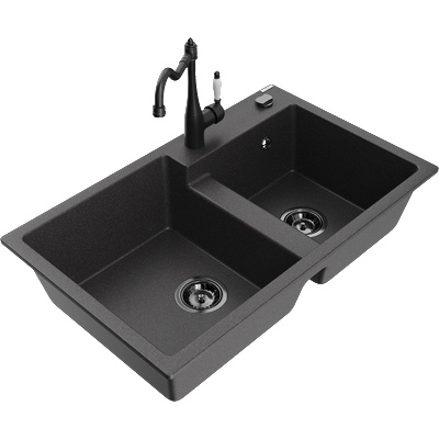 Mexen Tomas мивка от гранит с 2 камери с кухненски смесител Carla, черен на капки - 6516-76-670700-70-B (6516-76-670700-70-B)