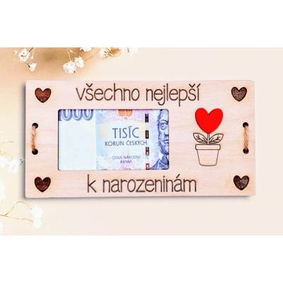 Dřevěné přání na bankovku k narozeninám 8