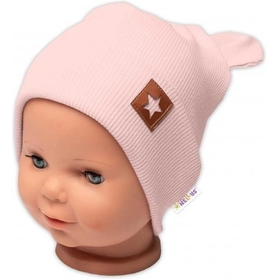 Baby Nellys Rebrovaná dvojvrstvová čiapka s uškami TEDDY púdrová