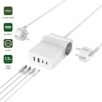 4smarts USB-C GaN 65W Desk Power Strip Hub - разклонител с 2 изхода и вградени 2хUSB-C и 2хUSB-A изхода за мобилни устройства (бял)