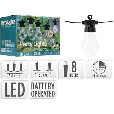 Párty osvetlenie- reťaz teplá biela 8 LED žiaroviek 6,5 m