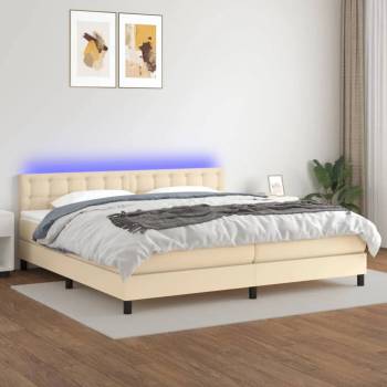 vidaXL Боксспринг легло с матрак и LED, кремава, 200x200 см, плат (3133506)