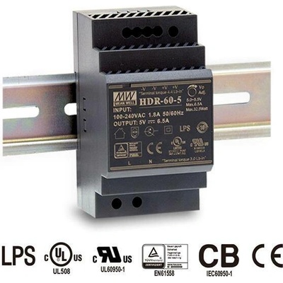 MEANWELL – HDR-60-12 – Průmyslový spínaný napájecí zdroj 12 V, 60 W na lištu DIN