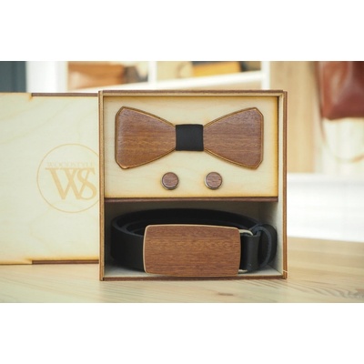 Wood Style Set Hranatý Třešeň opasek motýlek a manžetové knoflíčky černá