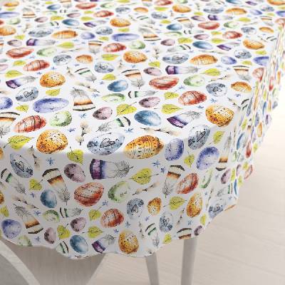 Biante Veľkonočný teflónový oválny obrus TF-075 Farebné kraslice a pierka na bielom 140x160 cm