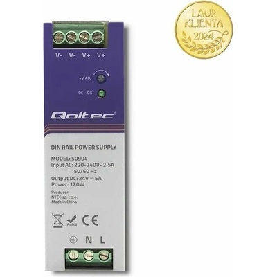 Qoltec 50904 – Průmyslový napájecí zdroj na DIN lištu 120 W / 24 V / 5 A