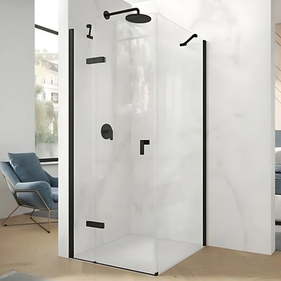Hüppe Astra - Krídlové dvere s pevným segmentom 1200x2000 mm pre 4-uholník, upevnenie vľavo, profil Black Edition, číre sklo s Anti-Plaque PX0005.123.322