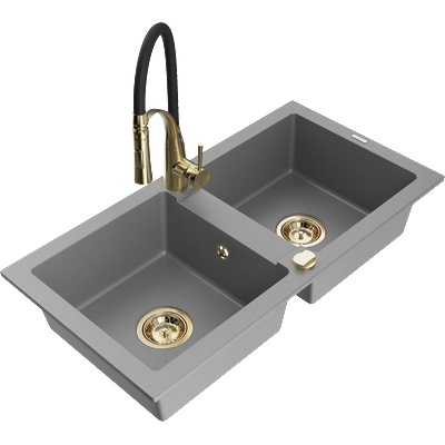 Mexen Mario гранитна мивка с две корита с кухненски смесител Aster, сив - 6504-71-73450-57-G (6504-71-73450-57-G)