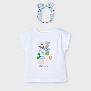 MAYORAL Тениска къс ръкав бяла с лента сини цветя за мини момиче Майорал