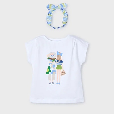 MAYORAL Тениска къс ръкав бяла с лента сини цветя за мини момиче Майорал