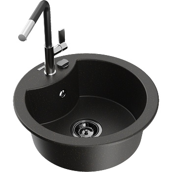 Mexen Diego еднокамерен гранитен мивка със смесител Flora, черен/златен металик - 6512-75-670401-07-B (6512-75-670401-07-B)