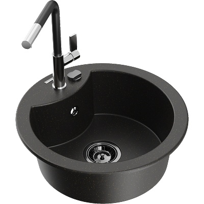 Mexen Diego еднокамерен гранитен мивка със смесител Flora, черен/златен металик - 6512-75-670401-07-B (6512-75-670401-07-B)