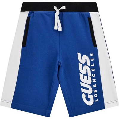 Guess Къси спортни панталони в синьо и бяло за момче с голям контрастен надпис Guess