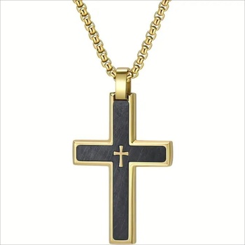 HARAHU Мъжка верижка с кръст vq-38805 - Златна / Черна / 60см kp38805 (vq-38805)