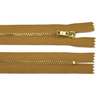 Kovový zip no.3 nerozepínací 14cm hnědý okrový (zlaté zoubky)