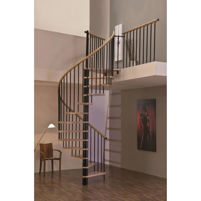 Minka Spiral Wood Black - točité schody, průměr 120 cm, 140 cm nebo 160 cm · nášlapy buk masiv · černá barva konstrukce