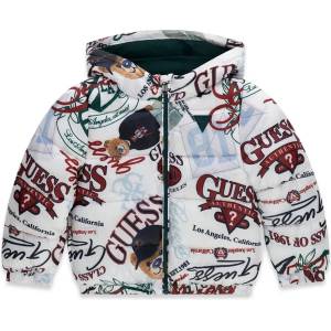 GUESS Бяло яке за мини момче с многоцветни надписи, мечета и лого Guess