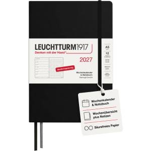 Leuchtturm1917 Weekly Calendar 2027 Dotted Medium (A5) with Notebook - German Appointment Planner, Black, January-December 2027, Weekly Overview on the Left + Notes Page on the Right - 400090 (400090)