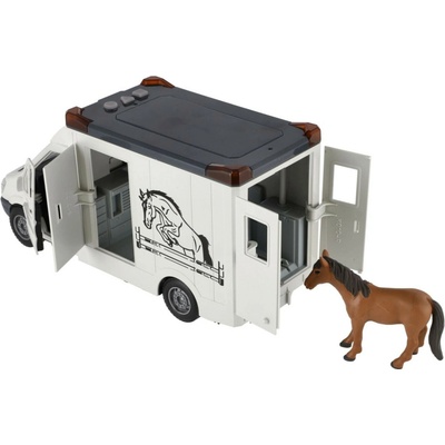 Teddies Auto přepravník zvířat plast 28cm s koněm na setrvačník se světlem se zvukem šedé v krabici 39x18cm