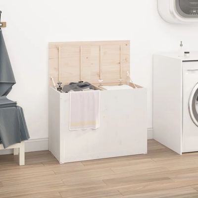 vidaXL Кутия за пране, бяла, 88, 5x44x66 см, борово дърво масив (823570)