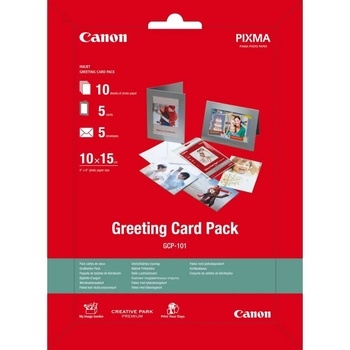 Canon Фотохартия Canon Greeting Card Pack (GCP-101), 10x15cm, гланцирана, 170g/m2, 10 листа + 5 харт. рамки + 5 харт. плика (0775B077AA)