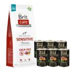 Brit CARE Без зърнени култури Чувствителен елен 12кг + WILD FARM Monoprotein Pork 6x400g - хипоалергенна храна за кучета