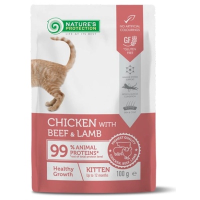 Nature's Protection Nature's Protection CAT Healthy Growth Kitten Chicken, Beef and Lamb, пауч с пилешко месо, говеждо, за подрастващи котенца, Литва - 100 гр