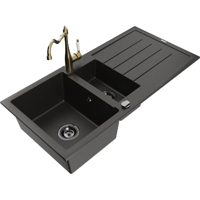 Mexen Andres гранитна мивка с 1, 5 камери с отцедник и кухненски смесител Carla, черен/златен - 6515-75-670700-50-B (6515-75-670700-50-B)