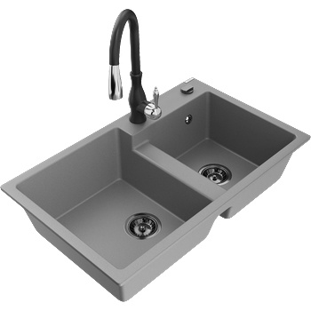 Mexen Tomas гранитна кухня мивка с 2 камери и кухненски кран Savita, сив - 6516-71-672601-70-B (6516-71-672601-70-B)