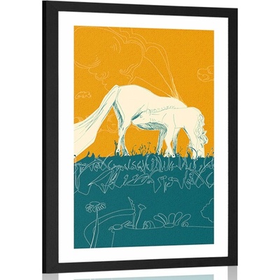 Plakát s paspartou kůň na louce - 60x90 silver