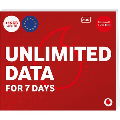 Vodafone Tourist SIM Card +100 Kč kredit (neomezená data na 7 dní + 16 GB v EU) Forma SIM: eSIM