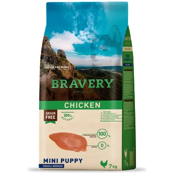 Bravery chicken puppy mini, натурална, хипоалергенна храна, БЕЗ ЗЪРНО за подрастващи кучета от дребни и мини породи до 1 година, с пилешко месо, Испания - 2 кг