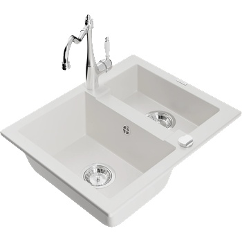 Mexen Carlos гранитна мивка с 1, 5 корита и кухненски смесител Carla, бял (6518-20-670700-00)