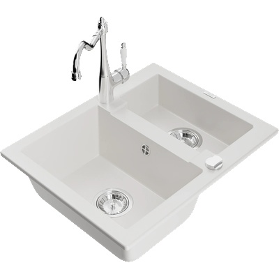 Mexen Carlos гранитна мивка с 1, 5 корита и кухненски смесител Carla, бял (6518-20-670700-00)