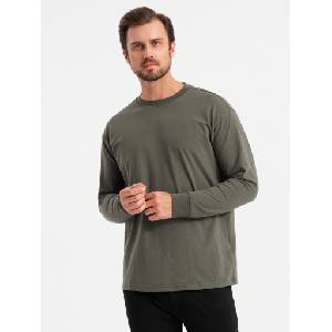 Ombre Clothing Мъжка памучна тениска LOOSE FIT с дълъг ръкав и кръгло деколте - сиво-зелена V3 OM-LSBC-0129 Ombre Clothing Ombre Clothing | Zelen | МЪЖЕ | S
