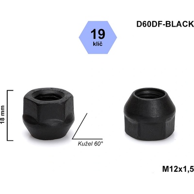 Kolová matice M12x1,5 kužel otevřená, černá, klíč 19, D60DF-BLACK, FORD, VOLVO výška 18